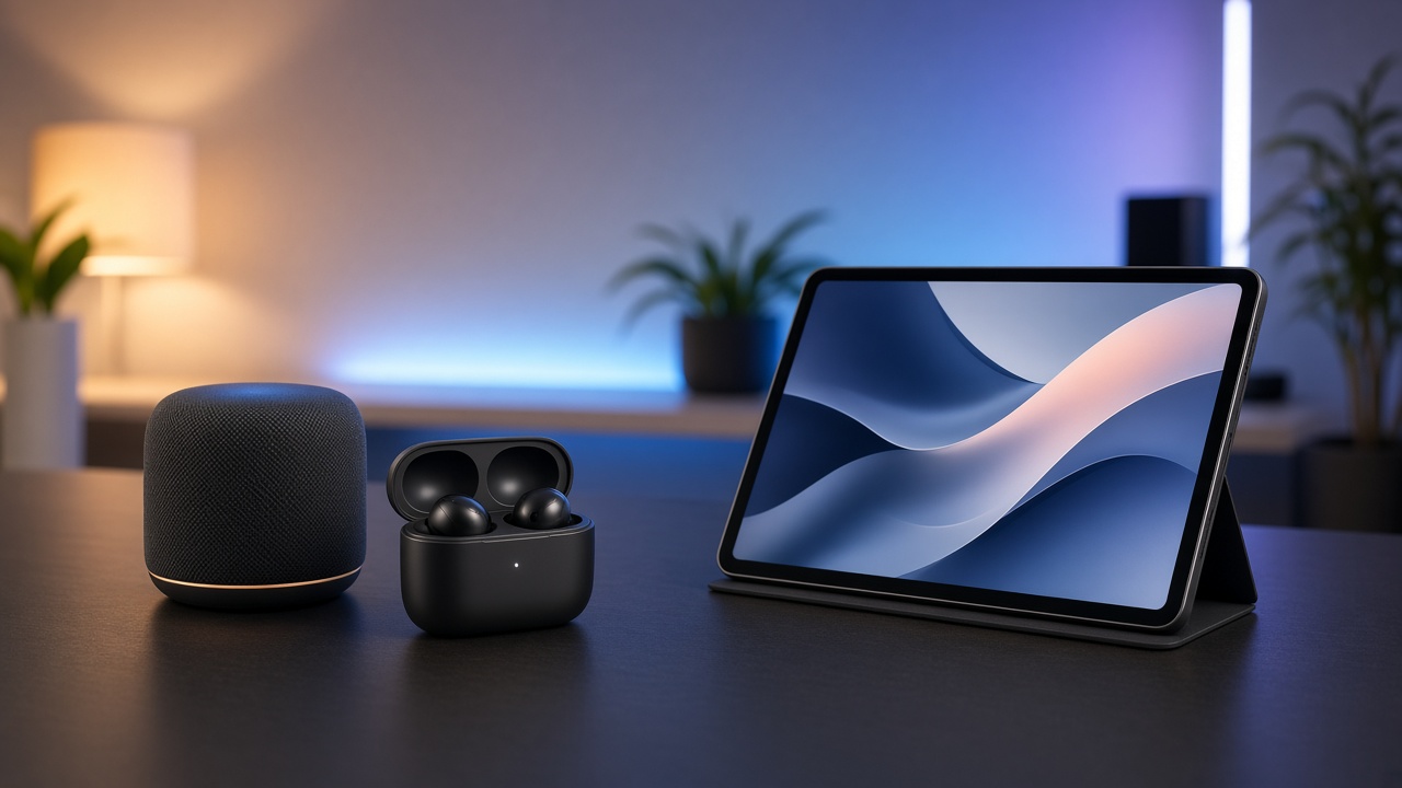 Modern electronics arranged on a desk with ambient lighting